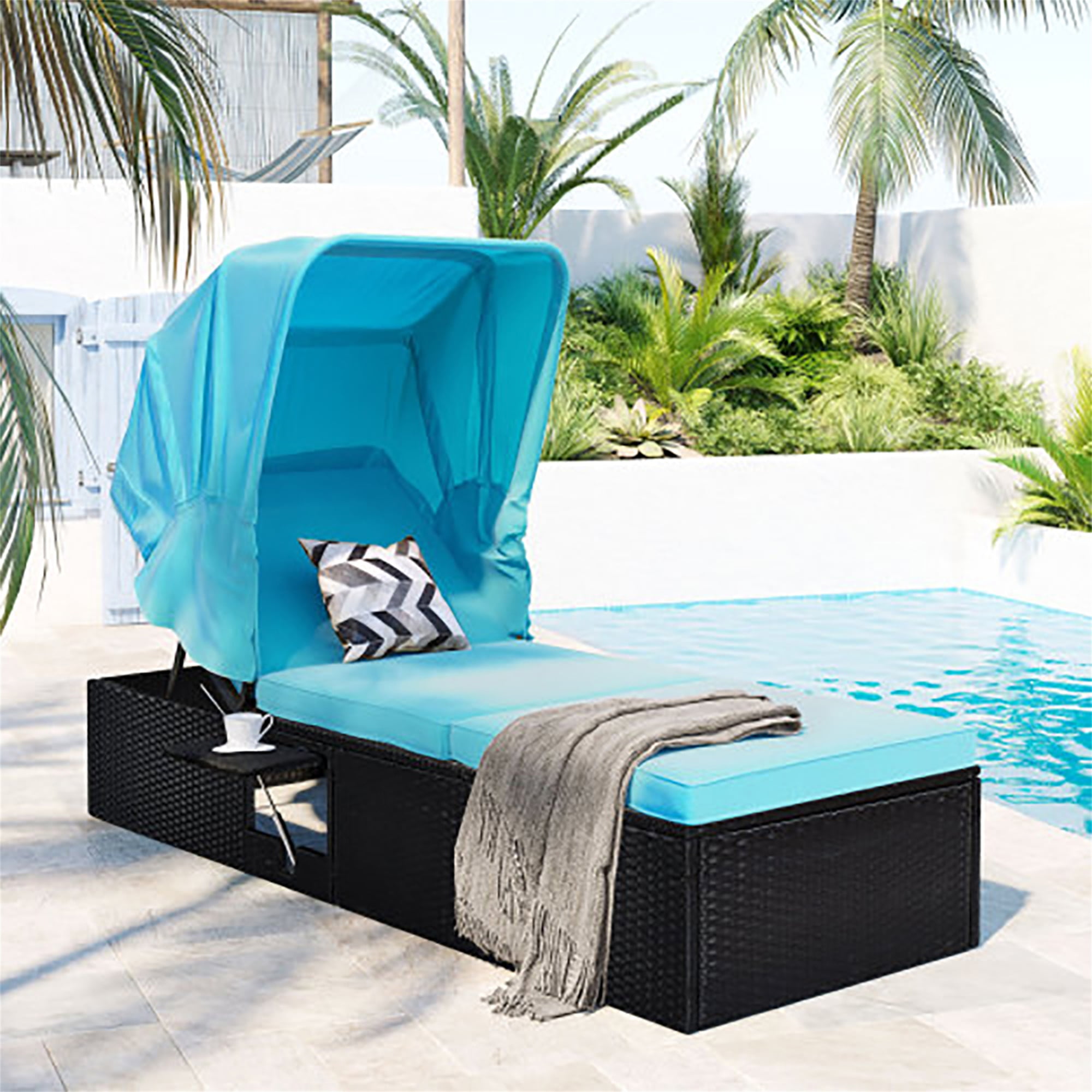 Kadyn 76.8" Long Single Recliner with Cushion, Canopy and Cup Table,, Outdoor Patio Wicker Chair, Black Wicker + Blue Cushion, Outdoor PE Wicker Recliner Kadyn 76.8" Long Single Recliner with Cushion, Canopy and Cup Table,, Outdoor Patio Wicker Chair, Black Wicker + Blue Cushion, Outdoor PE Wicker Recliner