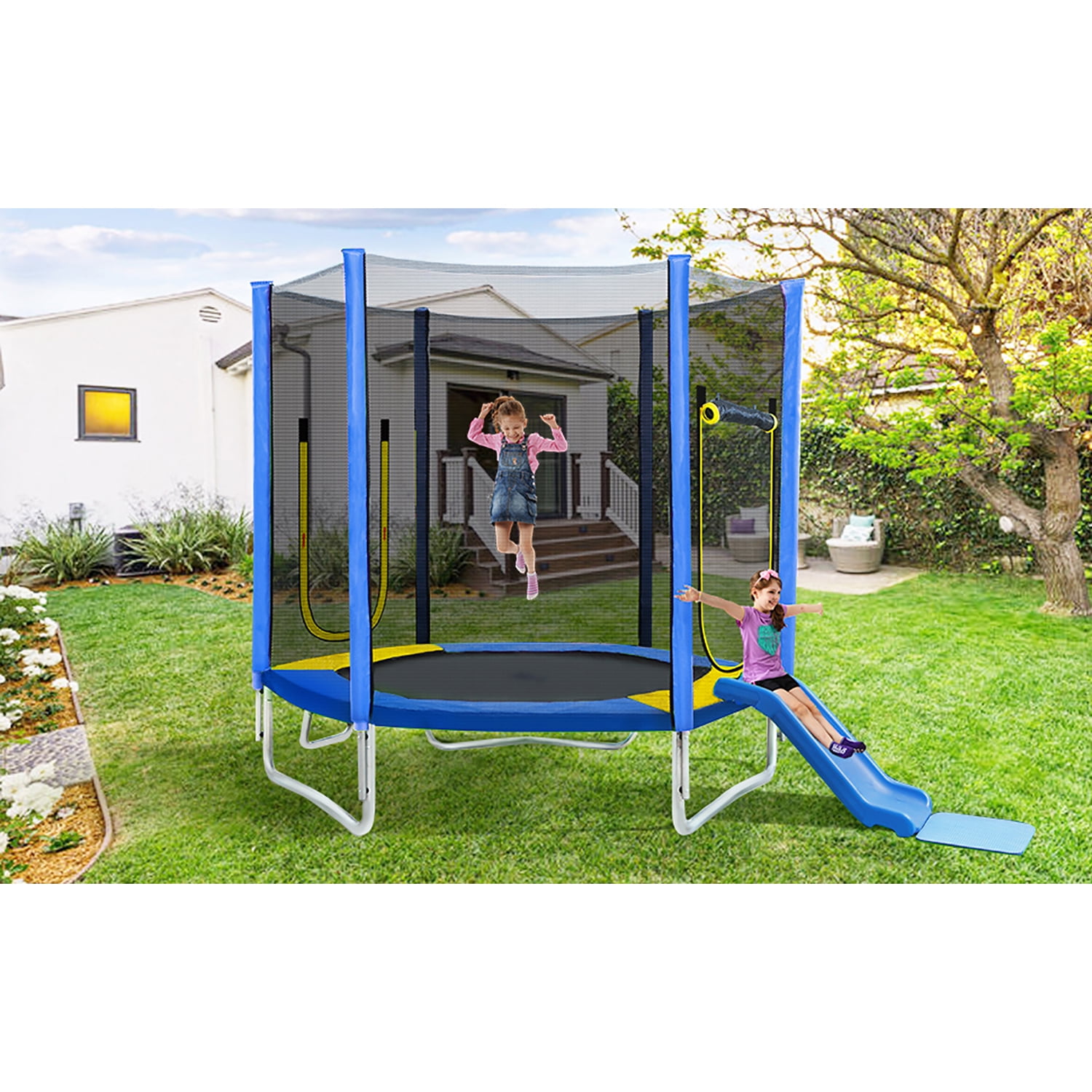 Kadyn 7FT Jumping Toddler Trampoline with Slide and Ladder, Kids Outdoor Trampoline with Safety Enclosure Net, Blue Kadyn 7FT Jumping Toddler Trampoline with Slide and Ladder, Kids Outdoor Trampoline with Safety Enclosure Net, Blue