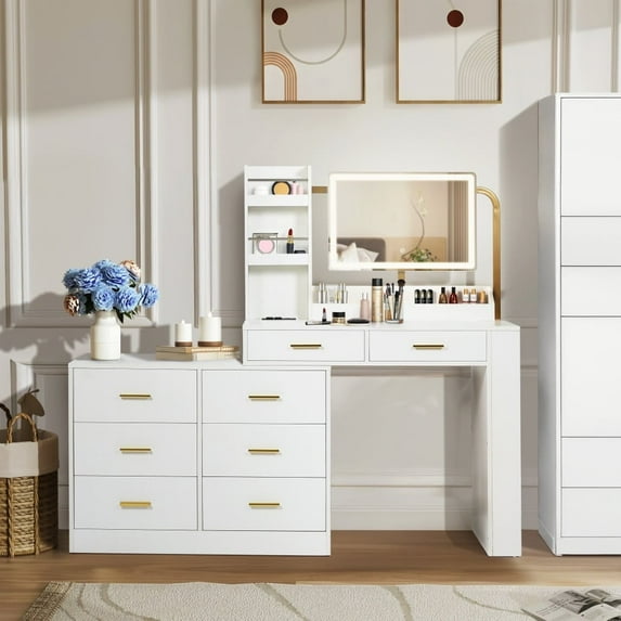 Kadyn 8-Drawer Double Dresser with Wide Drawers,White Dresser for Bedroom, Wood Storage Chest of Drawers with Lighted Mirror,White