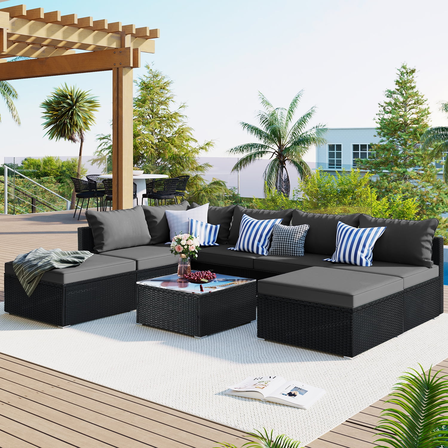 Kadyn 8-Pieces Outdoor Patio Furniture Sets, Garden Conversation Wicker Sofa Set with 1 Table, Single Sofa Combinable for Garden, Gray
