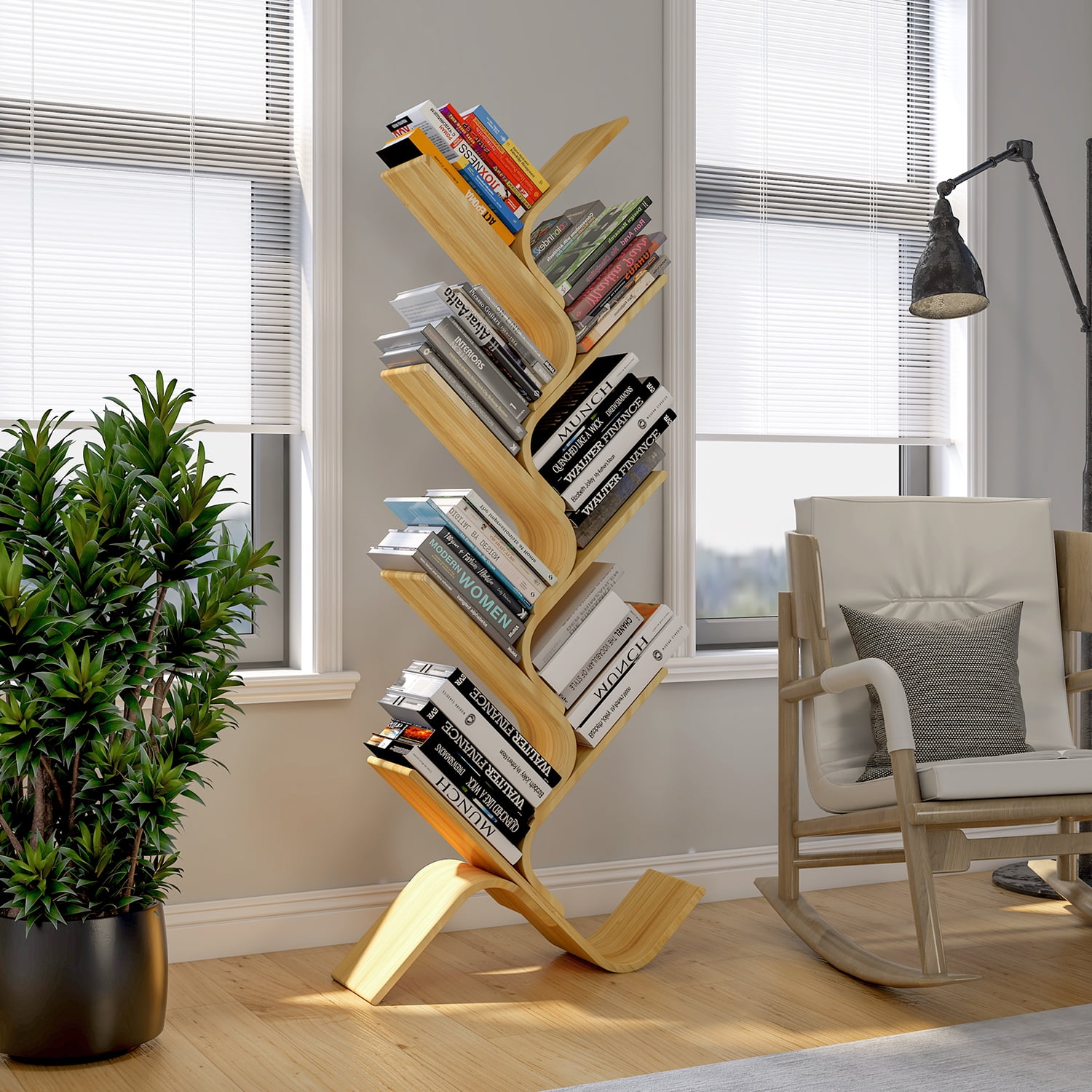 Kadyn 8-tier Bamboo Floor Standing Tree Bookshelf, Bookcase Rack for Books Cds Plants, Book Tower Storage Organizer Shelves for Living Room, Light Brown