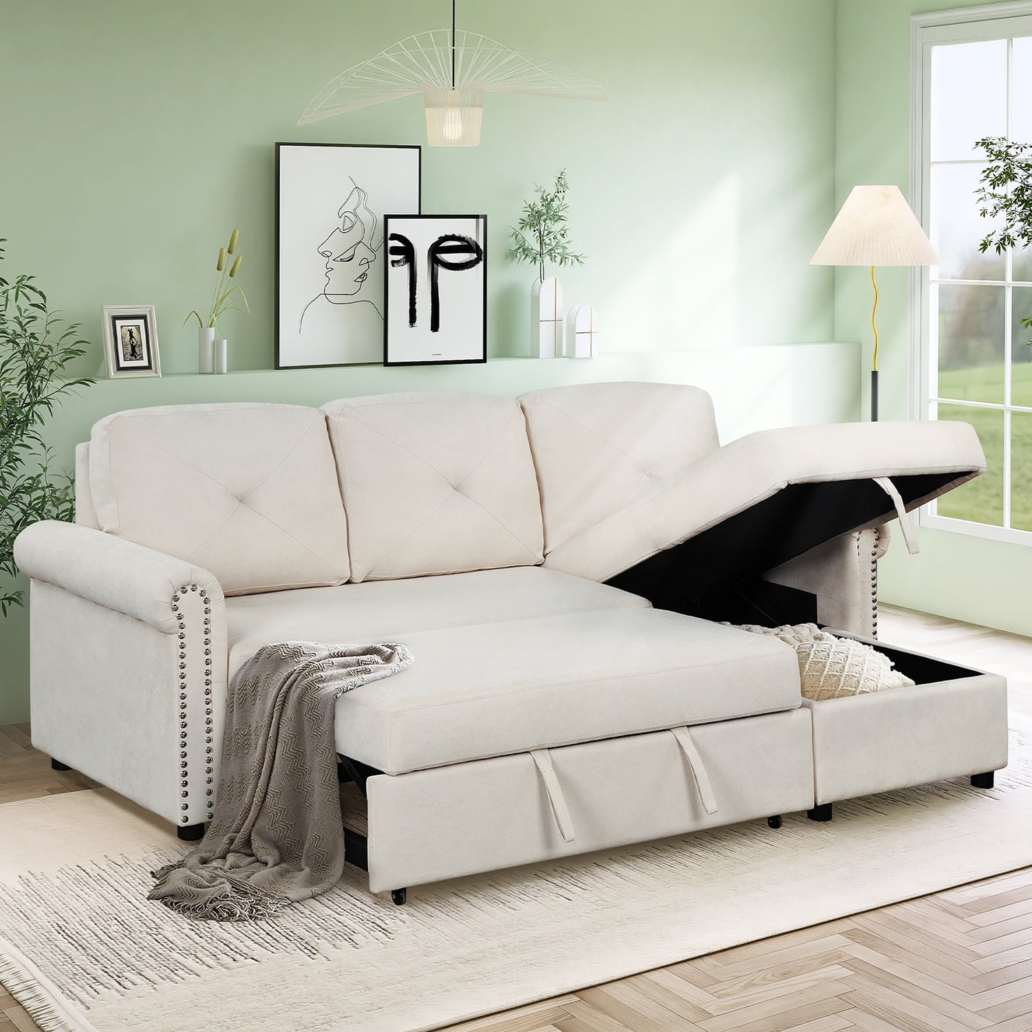 Kadyn 83 Mid century Velvet Convertible Sectional Sofa Bed 3 Seater L shape Corner Futon Sofa with Storage Chaise Modern Sleeper Sofa Bed for