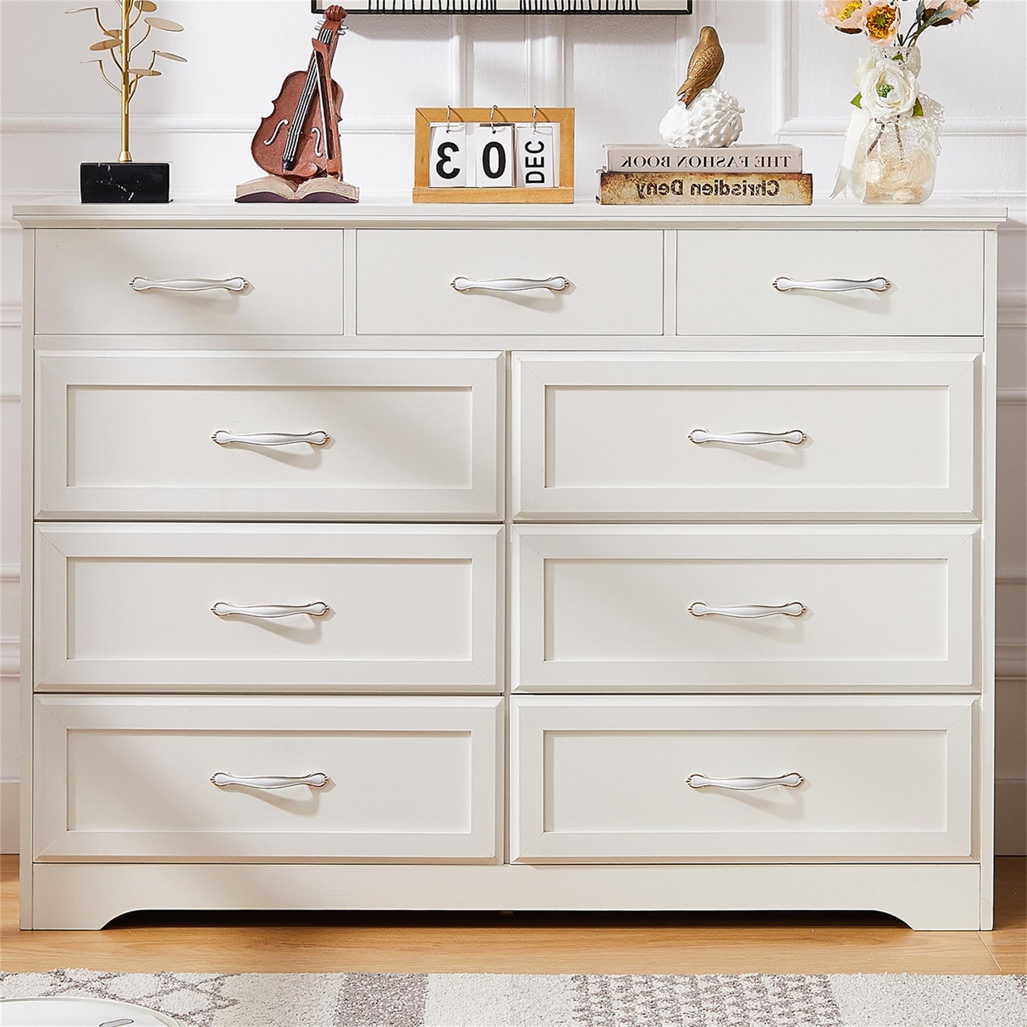 Kadyn 9 Drawer Long Dresser, Nursery Dresser with Antique Handles, Chest Of Drawers for Kids Room, Entry And Hallway, White