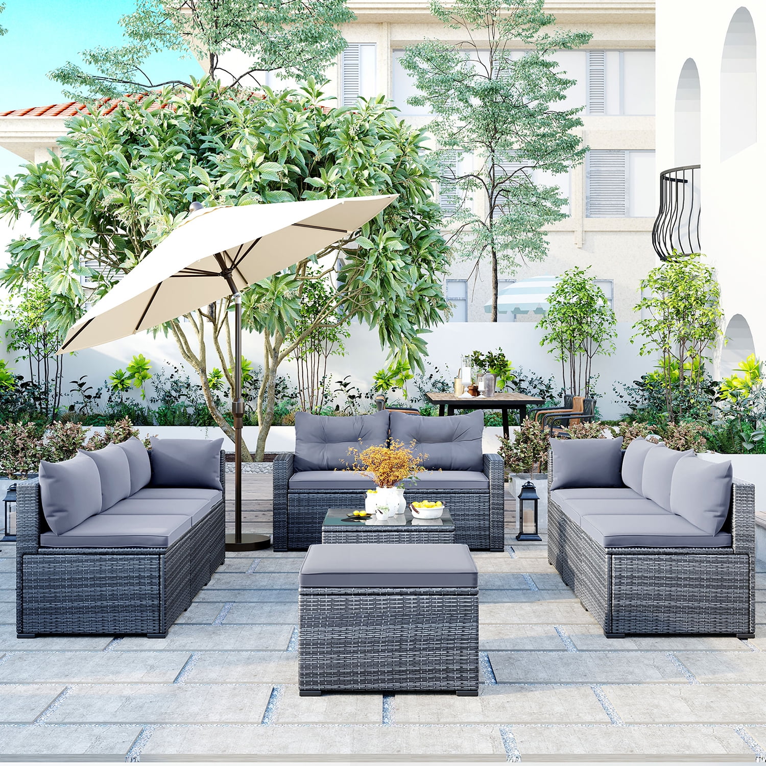 Kadyn 9-piece Outdoor Patio Large Wicker Sofa Set, Rattan Sofa Set for Garden, Outdoor Conversation Set with Cushions & Coffee Table, Gray Kadyn 9-piece Outdoor Patio Large Wicker Sofa Set, Rattan Sofa Set for Garden, Outdoor Conversation Set with Cushions & Coffee Table, Gray