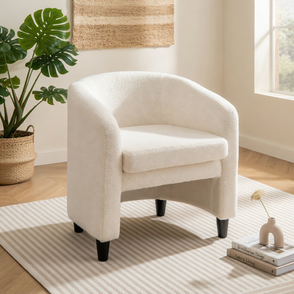 Kadyn Accent Chair, Club Chairs, Wingback Chairs,Reading Lounge Chair,Modern Upholstered Barrel Teddy Velvet Chair with Ottoman-Beige