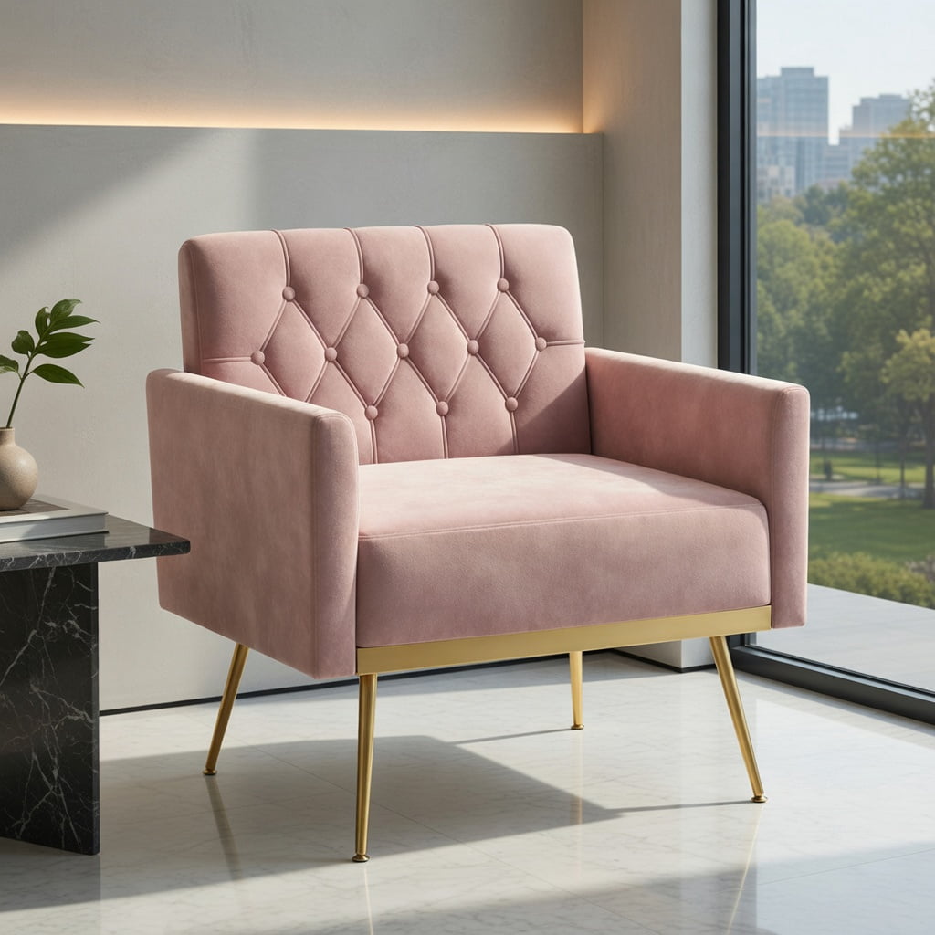 Kadyn Accent Chairs,Modern Velvet Accent Chair with Button Tufted Back Golden Metal Legs and Adjustable Foot Pads-Pink