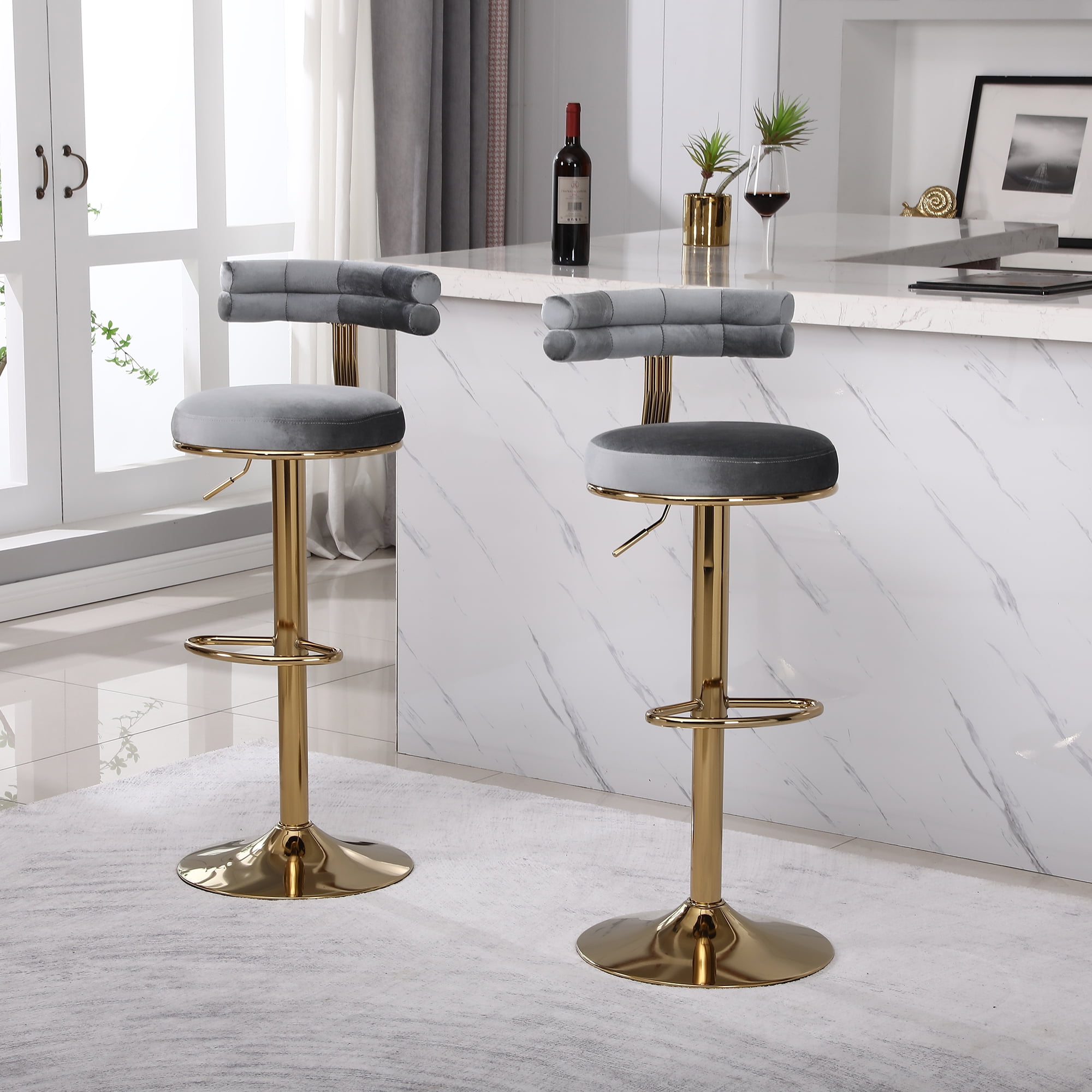 Kadyn Adjustable Swivel Bar Stools Chair with Back and Footrest, Set of 2, Grey