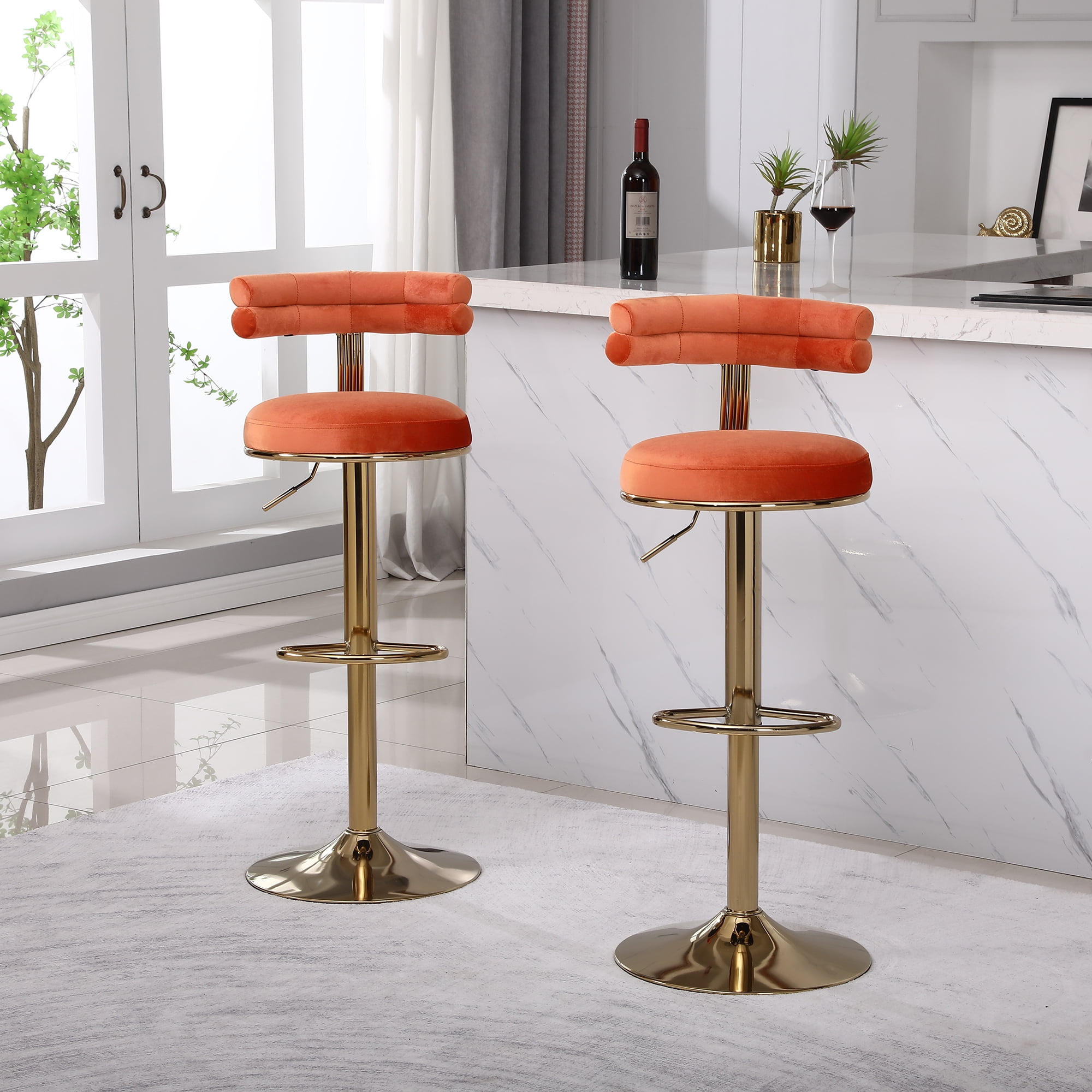 Kadyn Adjustable Swivel Bar Stools Chair with Back and Footrest, Set of 2, Orange