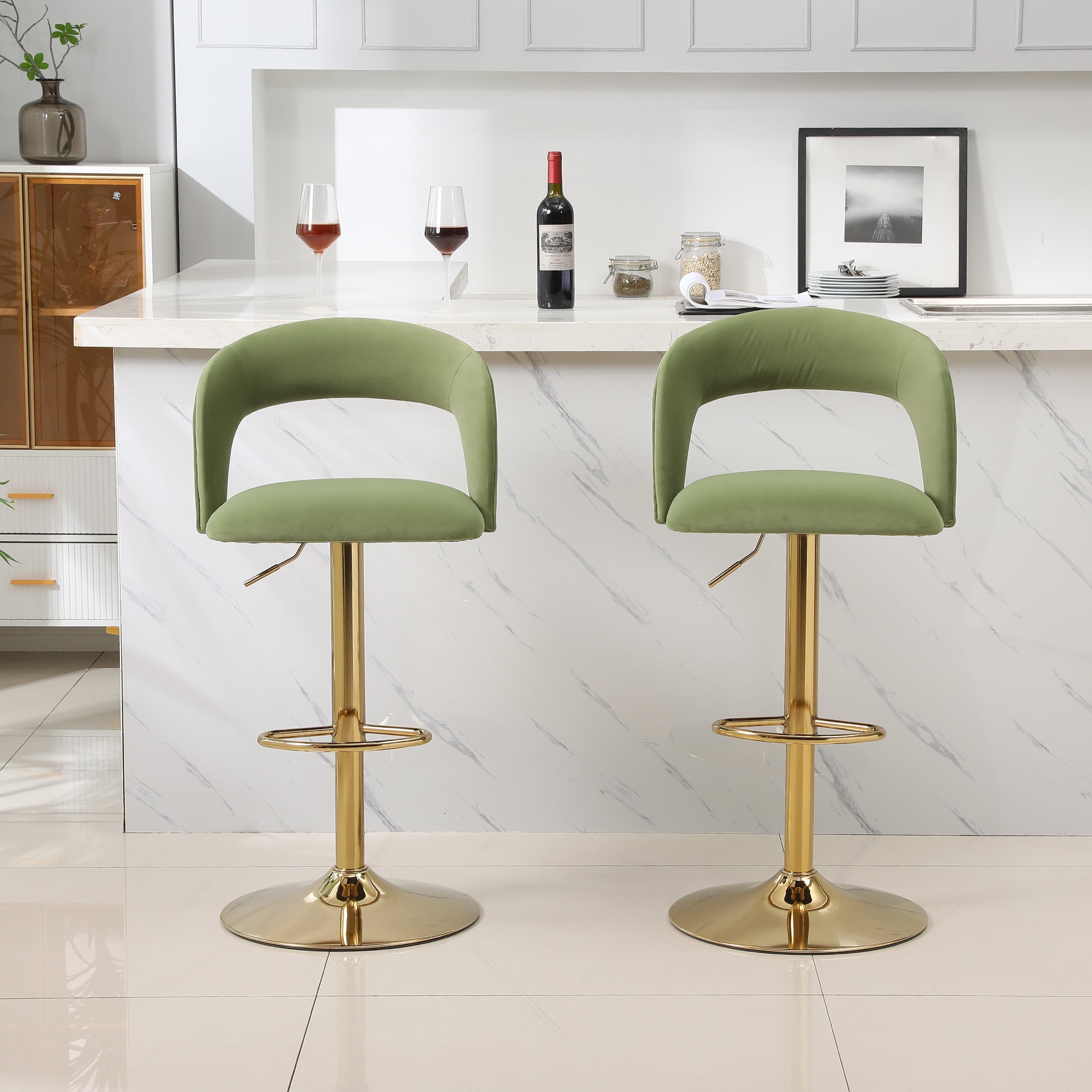 Kadyn Adjustable Tufted Swivel Bar Stool with Back& Footrest for Home, Avocado, Set of 2