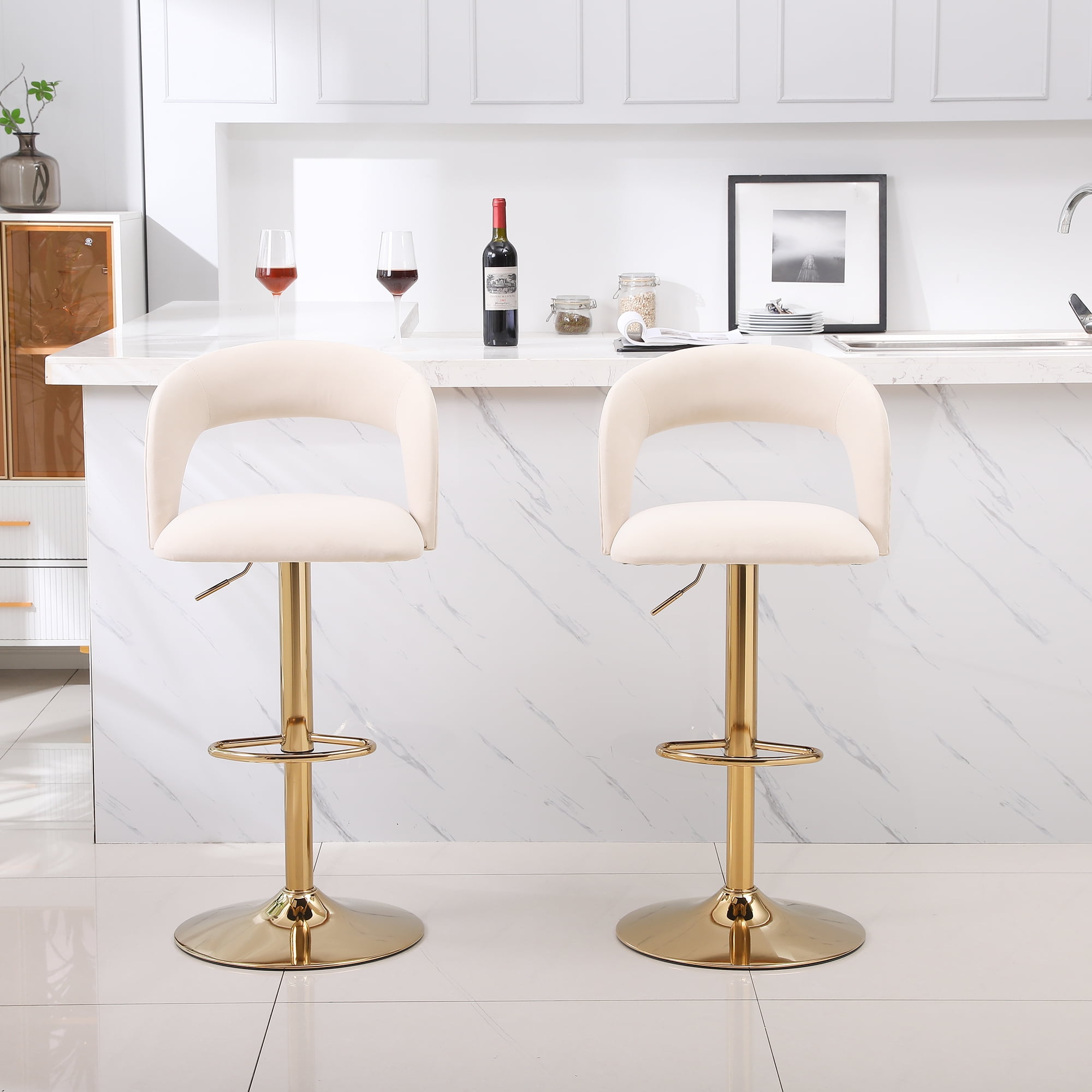 Kadyn Adjustable Tufted Swivel Bar Stool with Back& Footrest for Home, Beige, Set of 2