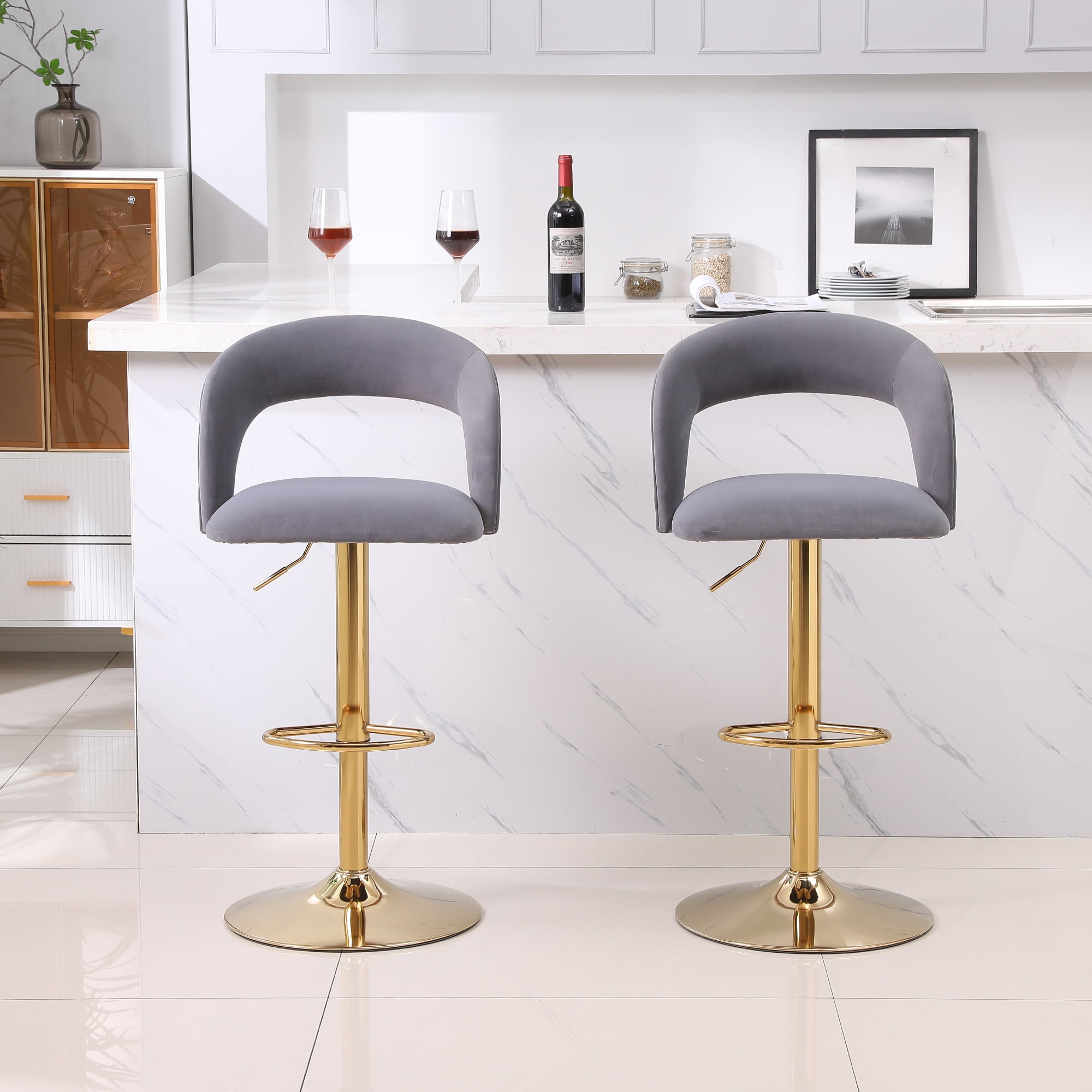 Kadyn Adjustable Tufted Swivel Bar Stool with Back& Footrest for Home, Grey, Set of 2