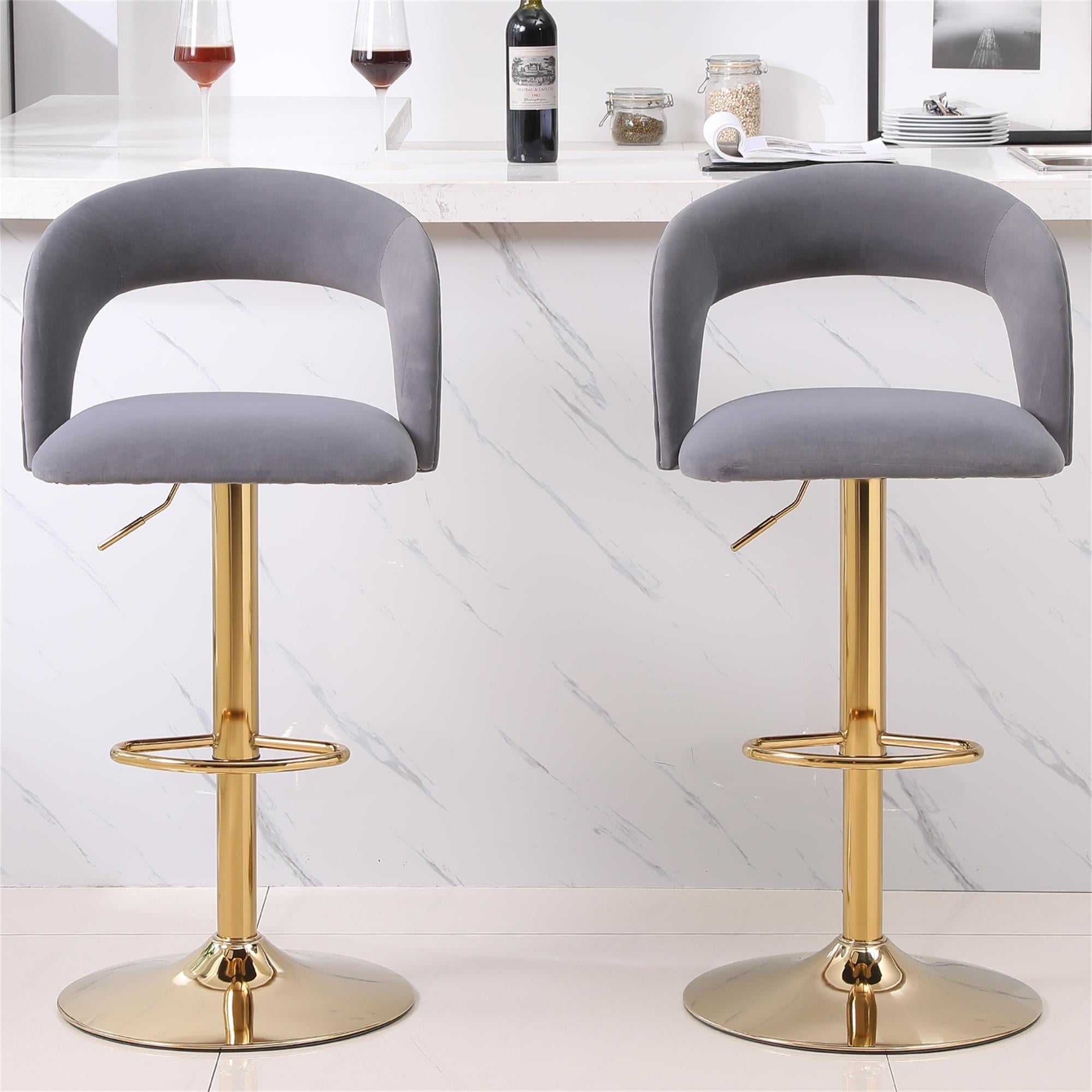 Kadyn Adjustable Tufted Swivel Bar Stool with Back& Footrest for Home, Grey, Set of 2