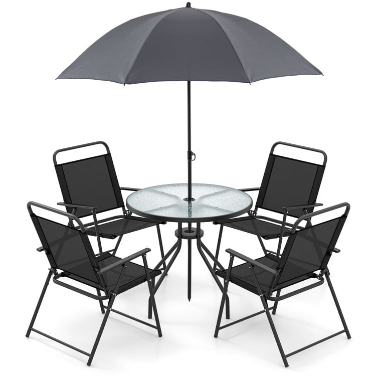 Kadyn All Weather Conversation Set, Dining Table Set, 6 Pieces Patio Dining Set Folding Chairs Glass Table Tilt Umbrella for Garden-Gray