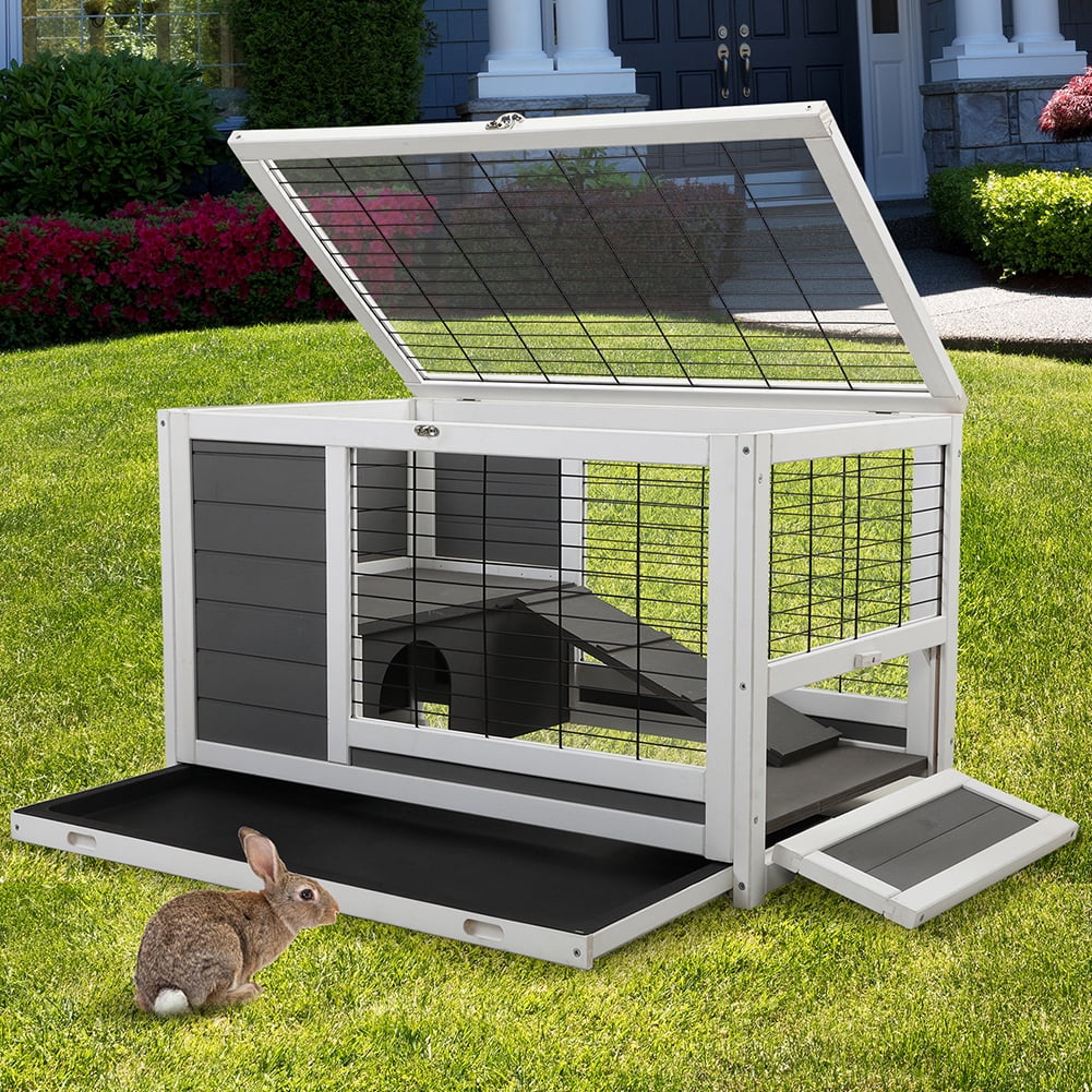 Kadyn All Weather Indoor Outdoor Pet Kennel, Wooden Pet House, 2 Tier Pet Shelter, Gray and White