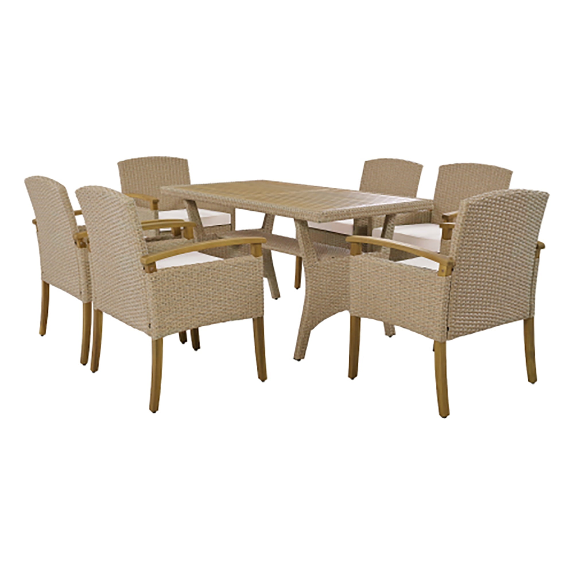 Kadyn All Weather PE Rattan Dining Set , Outdoor Patio 7-Piece Dining Table Set with Wood Tabletop and Cushions for 6 White