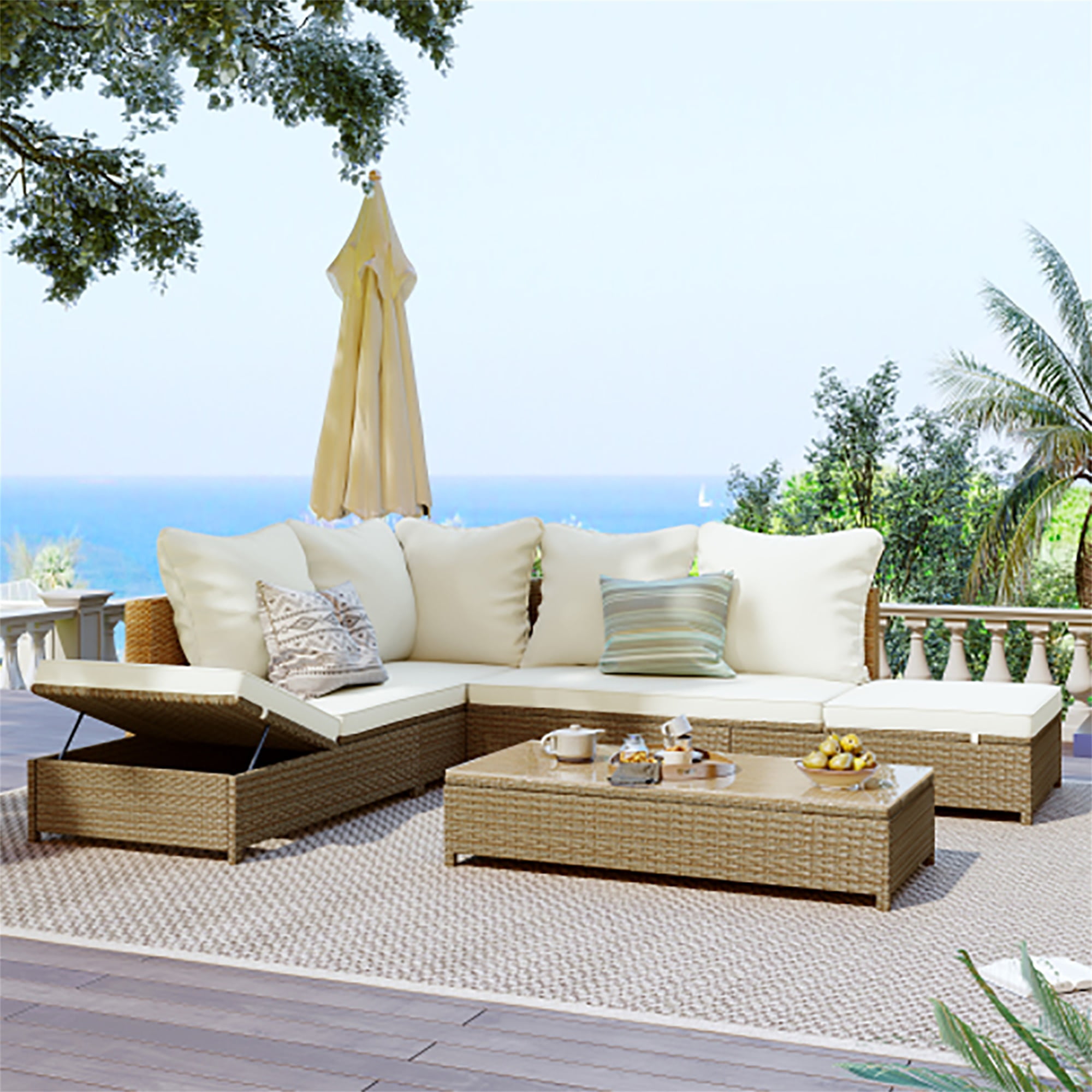 Kadyn All Weather PE Wicker Sectional Set with Adjustable Chaise Lounge Frame and Tempered Glass Table, Patio 3-Piece Rattan Sofa Set ， Brown