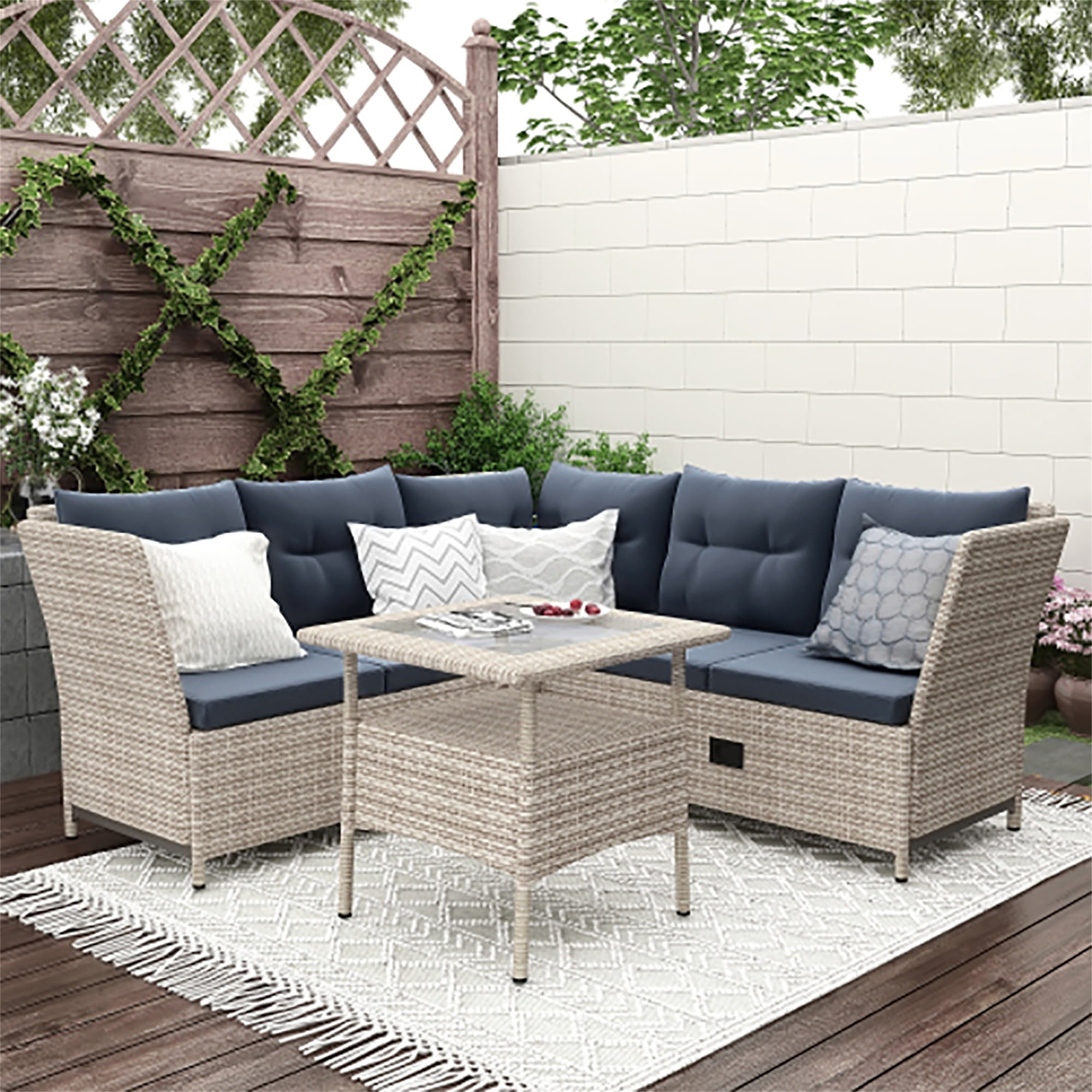Kadyn All-weather PE Wicker Rattan Sectional Set with Adjustable Backrests for Outdoor Patio, Backyard, Poolside (4 Piece Natural Rattan + Gray Cushions)