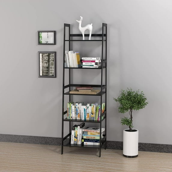 Kadyn Bamboo Bookshelf, 5-Tier Book Shelf Bookcase Bathroom Shelves Freestanding Storage Stand for Living Room, Bedroom, Kitchen, Black