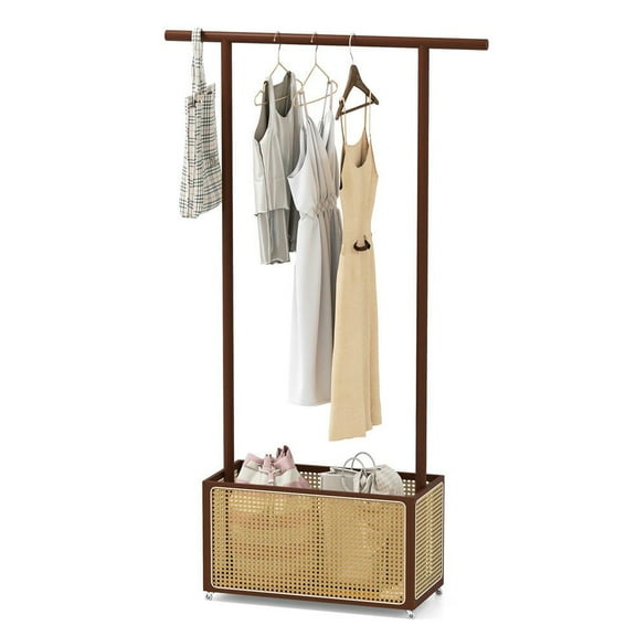 Kadyn Bamboo Coat Rack Stand with Rattan Storage Basket and Wheels, Hall Trees for Entryway Mudroom, Bedroom, Living Room, Brown