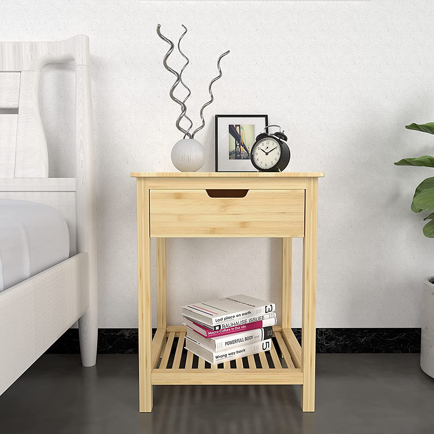 Kadyn Bamboo Side Table, End Table with Storage Shelves, Tall Nightstand Bedside Table for Living Room Bedroom Office, Nature