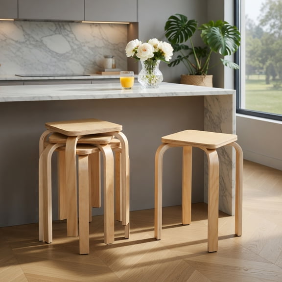 Kadyn Bar Stools Chair,Kitchen Dining Stool Chairs,Dining Chair,Stackable Stools Set of 4 with Square Top and Rounded Corners-Natural