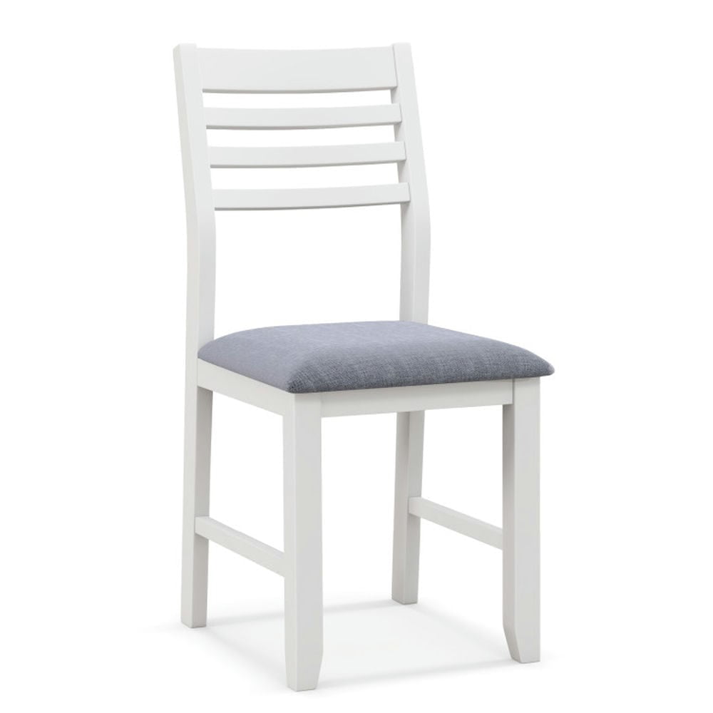 White Rubber Wood Ladderback Side Chairs with Gray Upholstered Seat