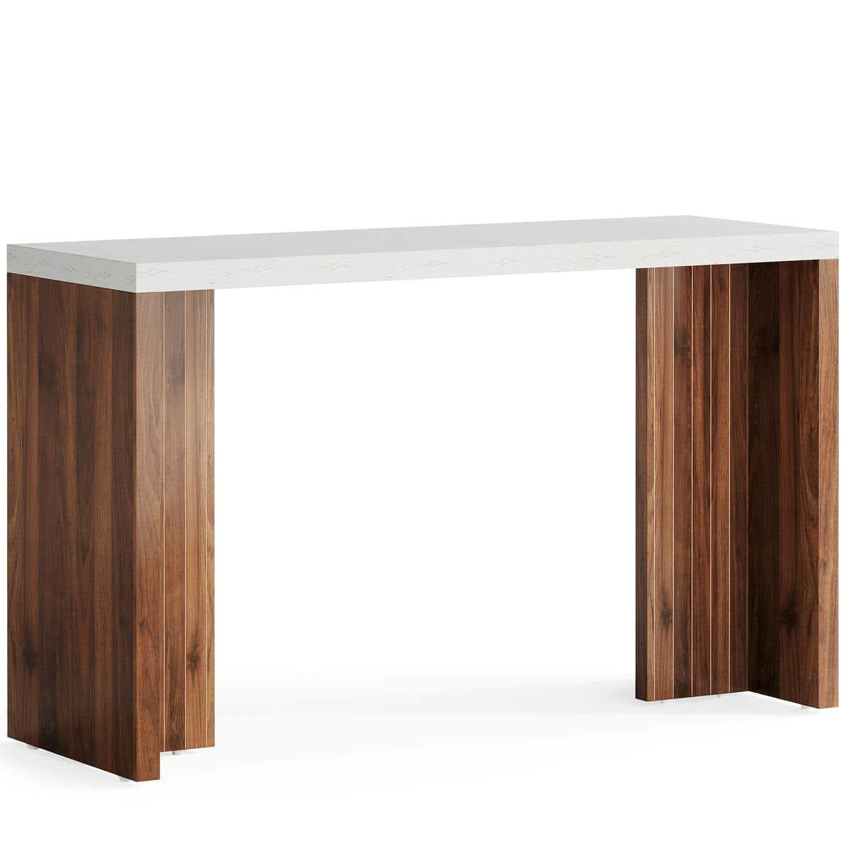 Kadyn Bar Table, Counter Pub Table, Home Bar Unit, 55.12" Bar Table with a Faux Marble Finished Tabletop, Walnut & White