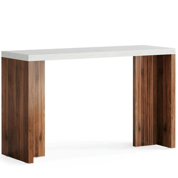Kadyn Bar Table, Counter Pub Table, Home Bar Unit, 55.12" Bar Table with a Faux Marble Finished Tabletop, Walnut & White