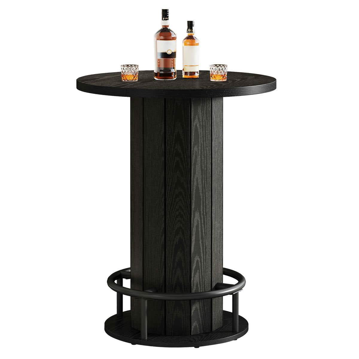 Kadyn Bar Table, Counter Pub Table, Round Bar Table, 39.4" H Wood Bistro Pub Table with Metal Ring Footrest, Black(Only Table)