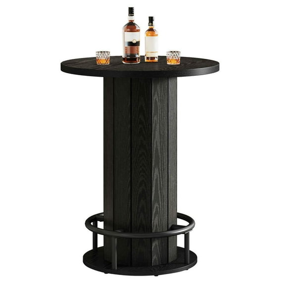 Kadyn Bar Table, Counter Pub Table, Round Bar Table, 39.4" H Wood Bistro Pub Table with Metal Ring Footrest, Black(Only Table)