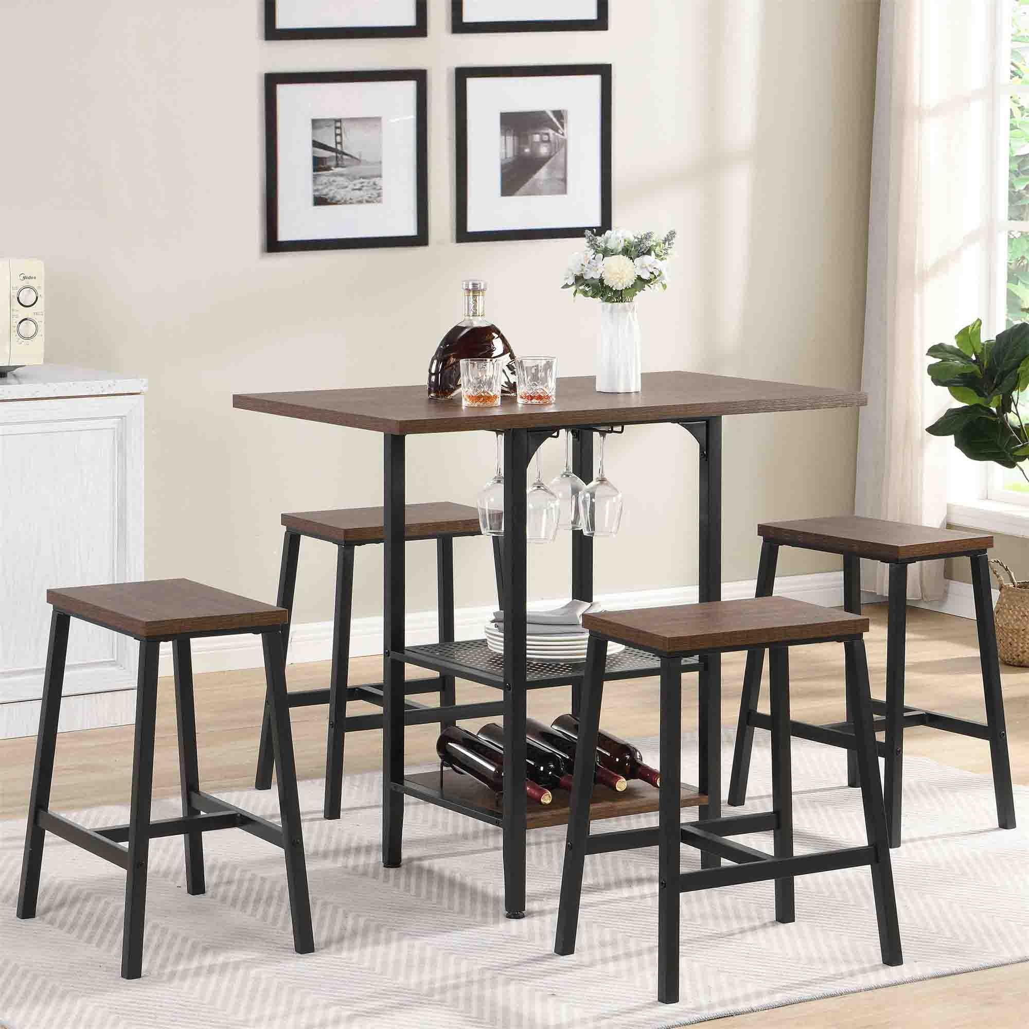 Kadyn Bar Table and Chairs Set for 4, 5 Piece Bar Kitchen Counter Height Table with Glass and Wine Holder, Brown