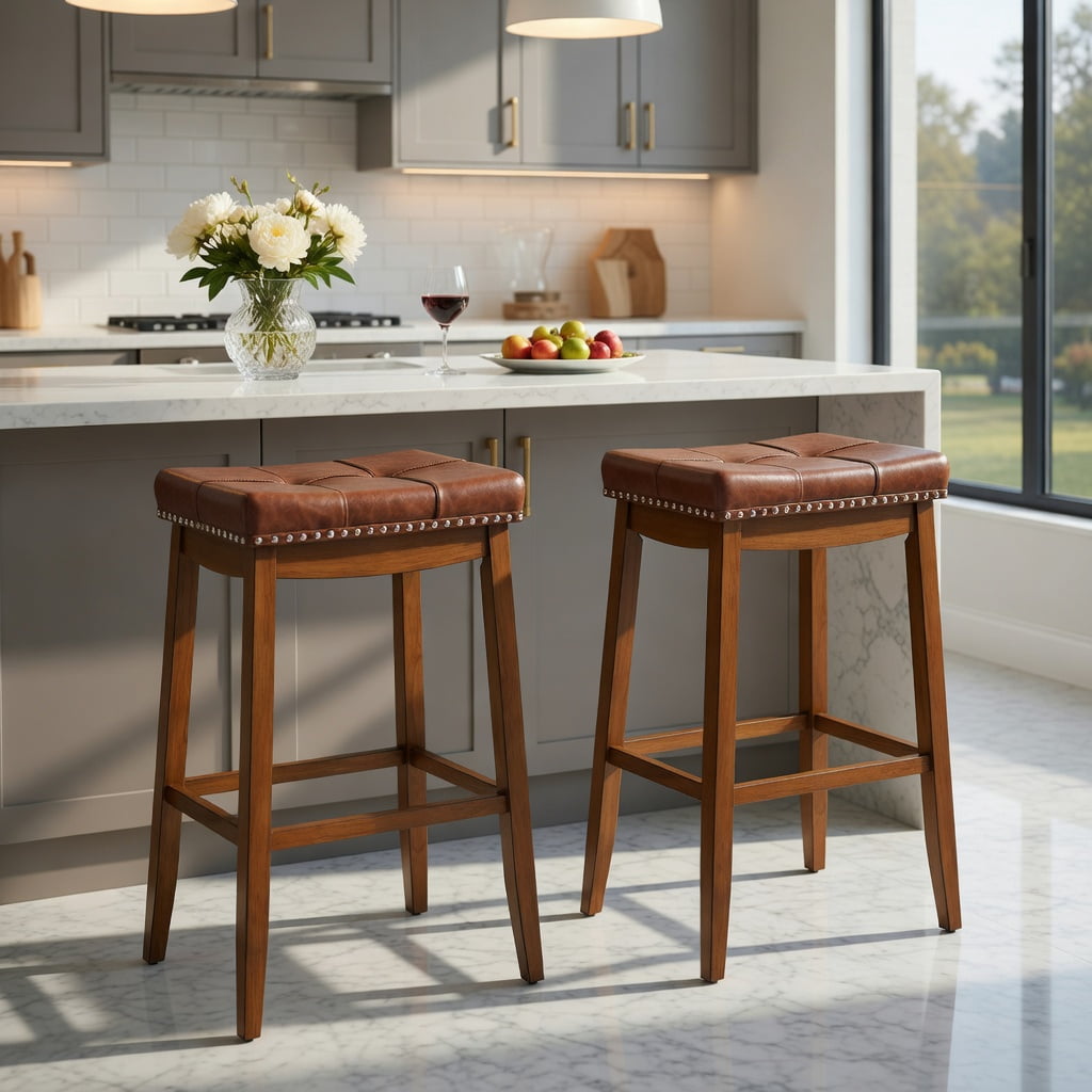 Kadyn Barstools, Countertop Bar Chairs,Bar Stools,25/29 Inch Set of 2 Upholstered PU Leather Bar Stools with Saddle Seat-29 inches