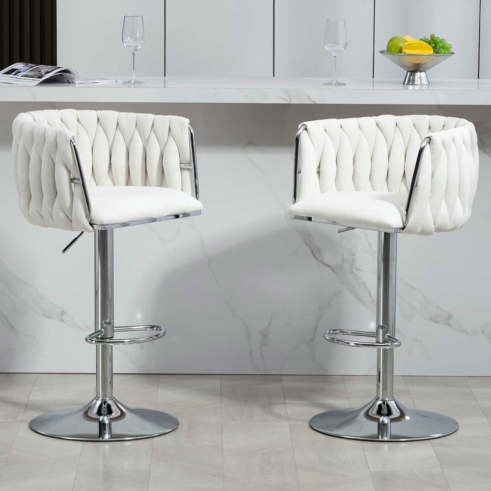 Adjustable Beige Linen Swivel Bar Stools with Silver Base