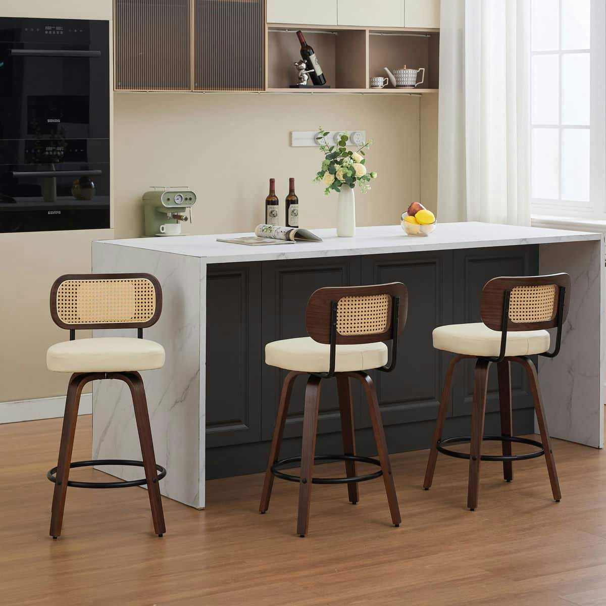 Kadyn Barstools, Countertop Bar Chairs, Bar Stools,Set of 3 Counter Height Bar Stools, 26 inch Rattan Counter Height Stools with Upholstered Seat(Walnut /Beige)