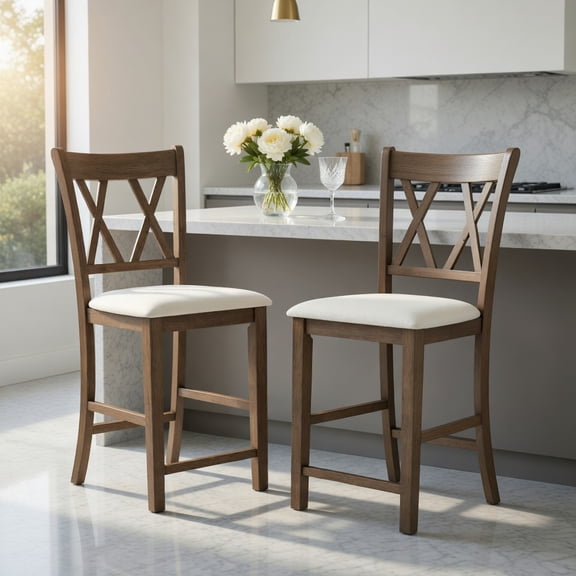 Kadyn Barstools, Countertop Bar Chairs,Bar Stools,Set of 2 Bar Stools with Cross Back and Linen Fabric Upholstered Seat-Beige