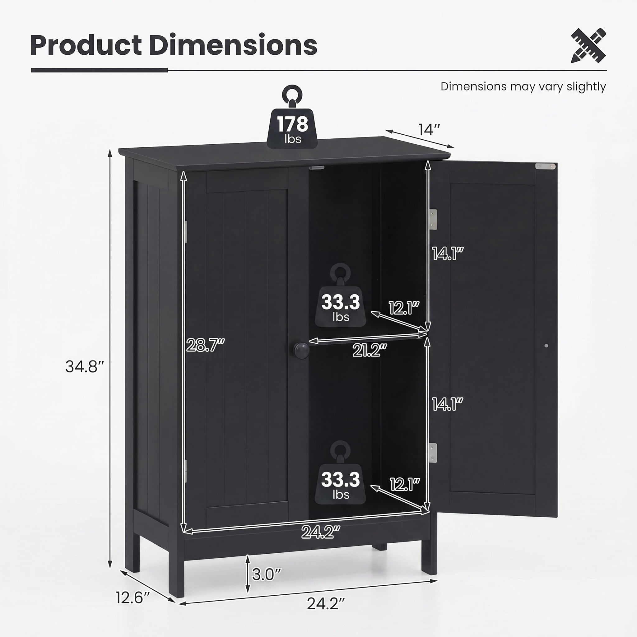 Kadyn Bathroom Cabinet, Storage Cabinet, Bathroom Storage Unit,2-Door Freee-Standing Bathroom Cabinet with Shelf-Black