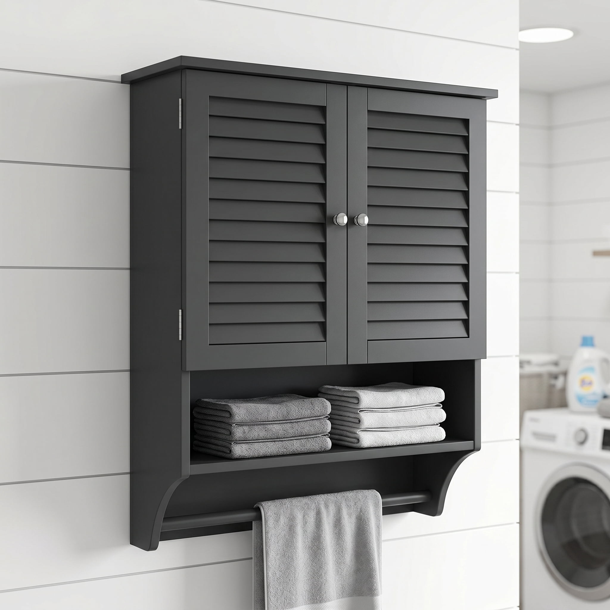 Kadyn Bathroom Cabinet Wall Mounted, Hanging Cabinet, Wall Cabinet,2-Doors Bathroom Wall-Mounted Medicine Cabinet with Towel Bar-Black