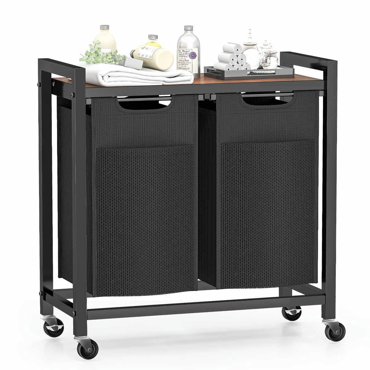 Kadyn Bathroom Laundry Basket, Laundry Hamper,Laundry Hamper with 2 Pull-Out Removable Laundry Bags Clothing Sorter with Shelf and Wheels, Black