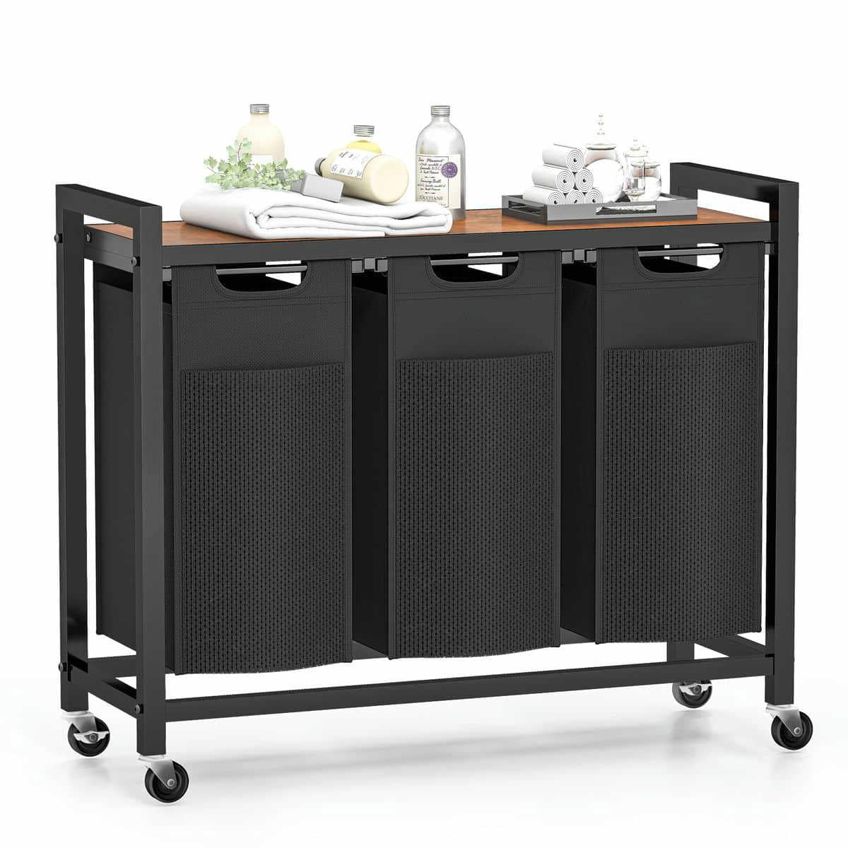 Kadyn Bathroom Laundry Basket, Laundry Hamper,Laundry Hamper with 3 Pull-Out Removable Laundry Bags Clothing Sorter with Shelf and Wheels, Black