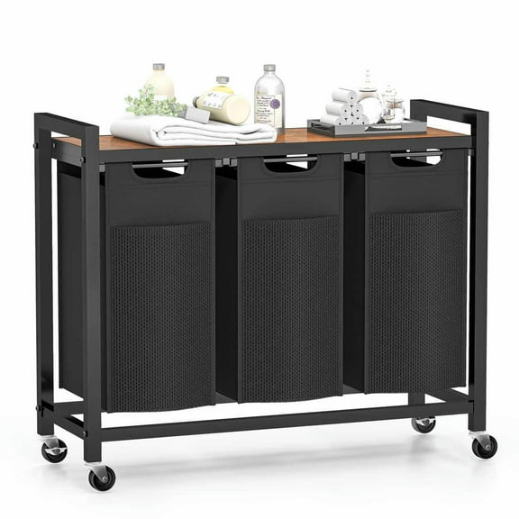 Kadyn Bathroom Laundry Basket, Laundry Hamper,Laundry Hamper with 3 Pull-Out Removable Laundry Bags Clothing Sorter with Shelf and Wheels, Black