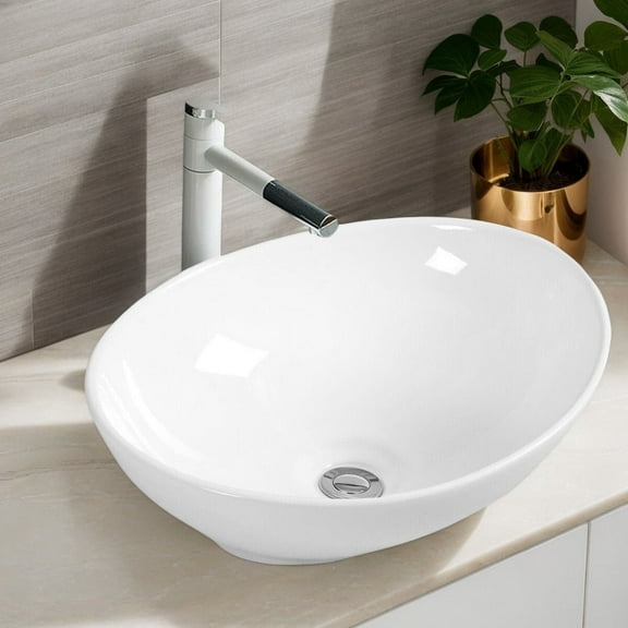 Kadyn 16Inch White Ceramic Oval Bathroom Sink with Pop-Up Drain Design, Countertop Vessel Wash Basin for Bathroom, Home Office, White