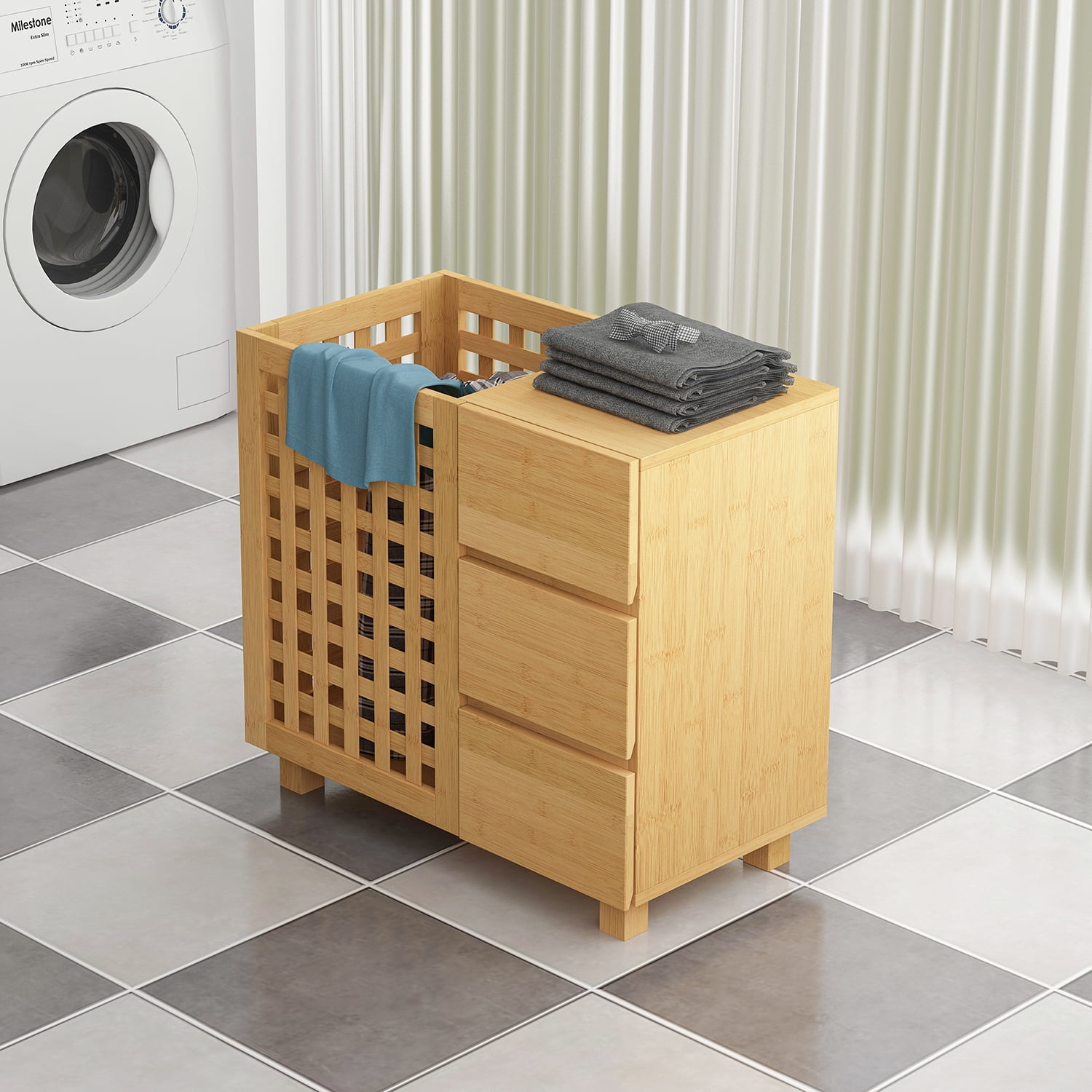 Kadyn Bathroom Storage Organizer Cabinet, Out Bamboo Laundry Hamper for Home , Bamboo Laundry Hamper Basket with Drawers, Nature