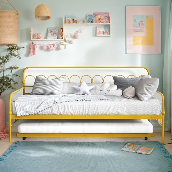Kadyn Bed, Bed Frames, Platform Bed Frame, Twin Size Golden Metal Daybed with Trundle and Lockable Wheels-Twin Size