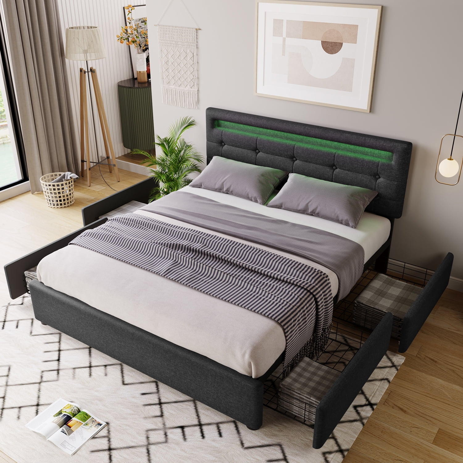 Kadyn Bed Frame Full Size, Upholstered Platform Bed Frame with 4 Storage Drawers and LED Lights & Adjustable Headboard,No Box Spring Needed,Grey