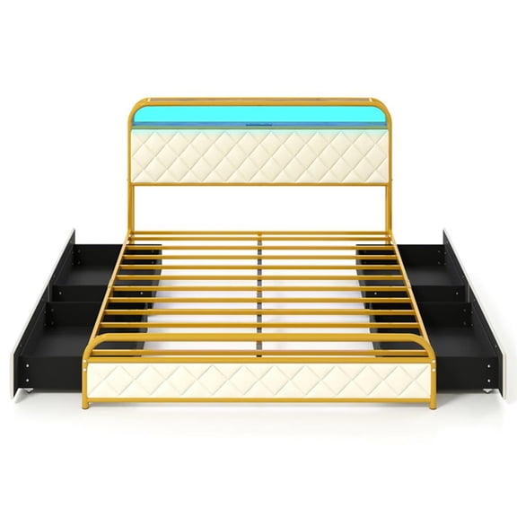 Kadyn Bed Frame, Platform Bed Frame,Twin/Full/Queen Size Bed Frame with LED Lights and Charging Station Gold-Queen Size