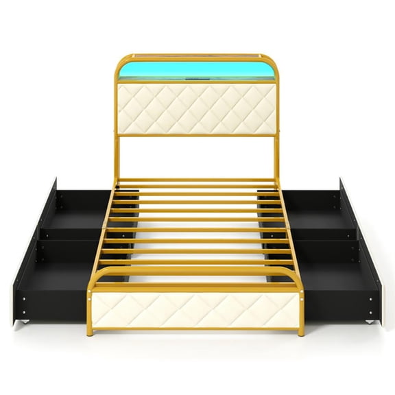 Kadyn Bed Frame, Platform Bed Frame,Twin/Full/Queen Size Bed Frame with LED Lights and Charging Station Gold-Twin Size