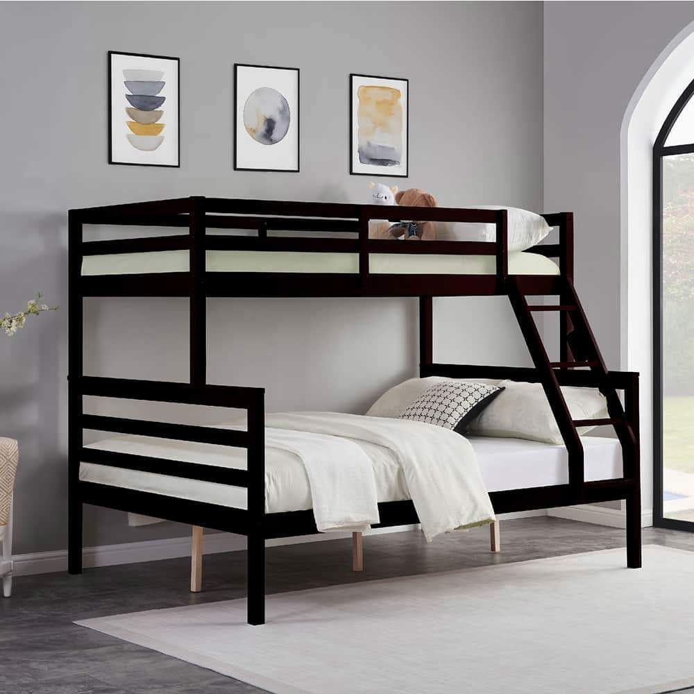 Kadyn Bed Frame, Platform Bed Frame,Twin over Full Bunk Bed with Ladder,Wooden Bunk Bed with High Guardrail and Ladder,No Box Spring Needed,Espresso