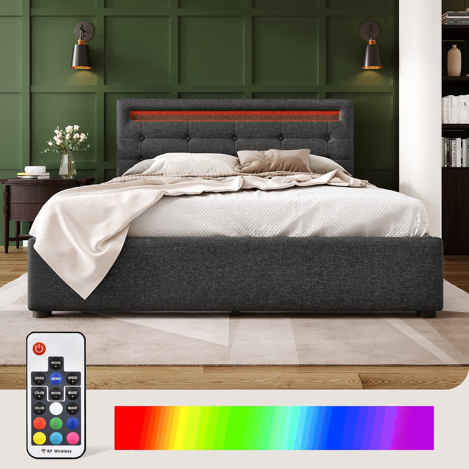 Kadyn Bed Frame Queen Size, Upholstered Platform Bed Frame with 4 Storage Drawers and LED Lights & Adjustable Headboard,No Box Spring Needed,Grey
