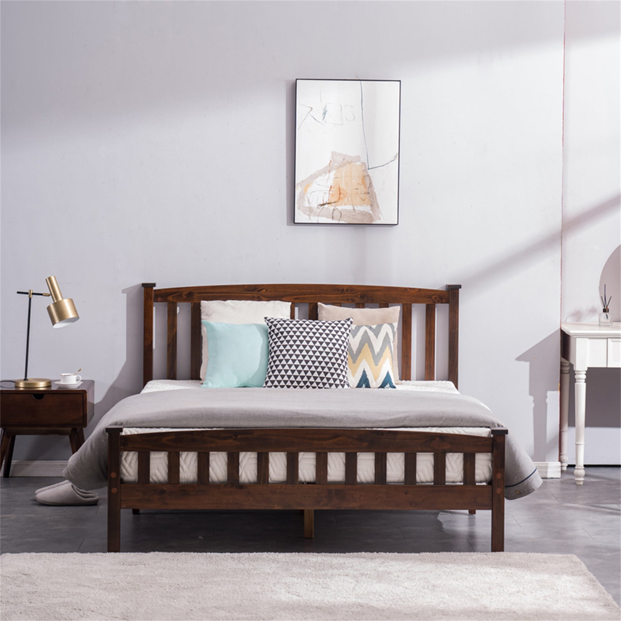 Kadyn Bed Frame with Headboard, Mid-Century Modern Solid Wood Platform Bed Frame, Wood Slat bed, Walnut Queen Bed