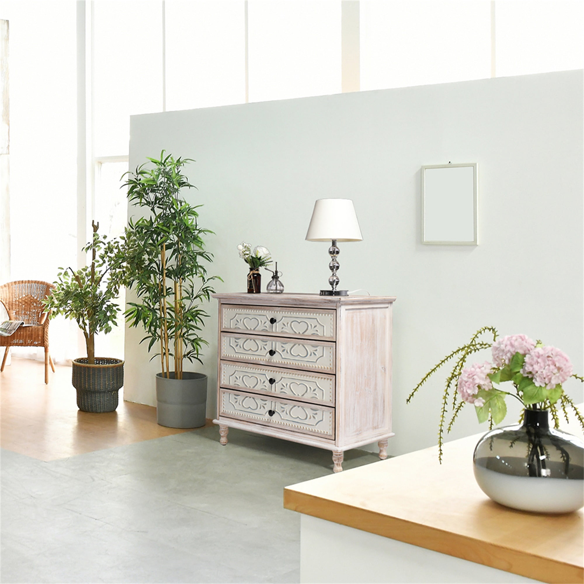 Kadyn Bedroom Dresser, 4 Drawer Chest of Drawers, White Washed Dresser Chest with 4 Storage Drawers for Nursery, Hallway, Living Room, Closet